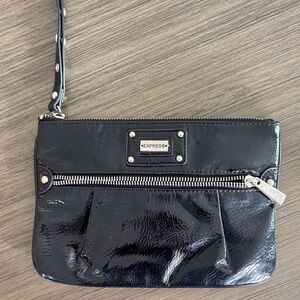 Express Black Patent Leather Wristlet Clutch | Zip Front | Silver Hardware